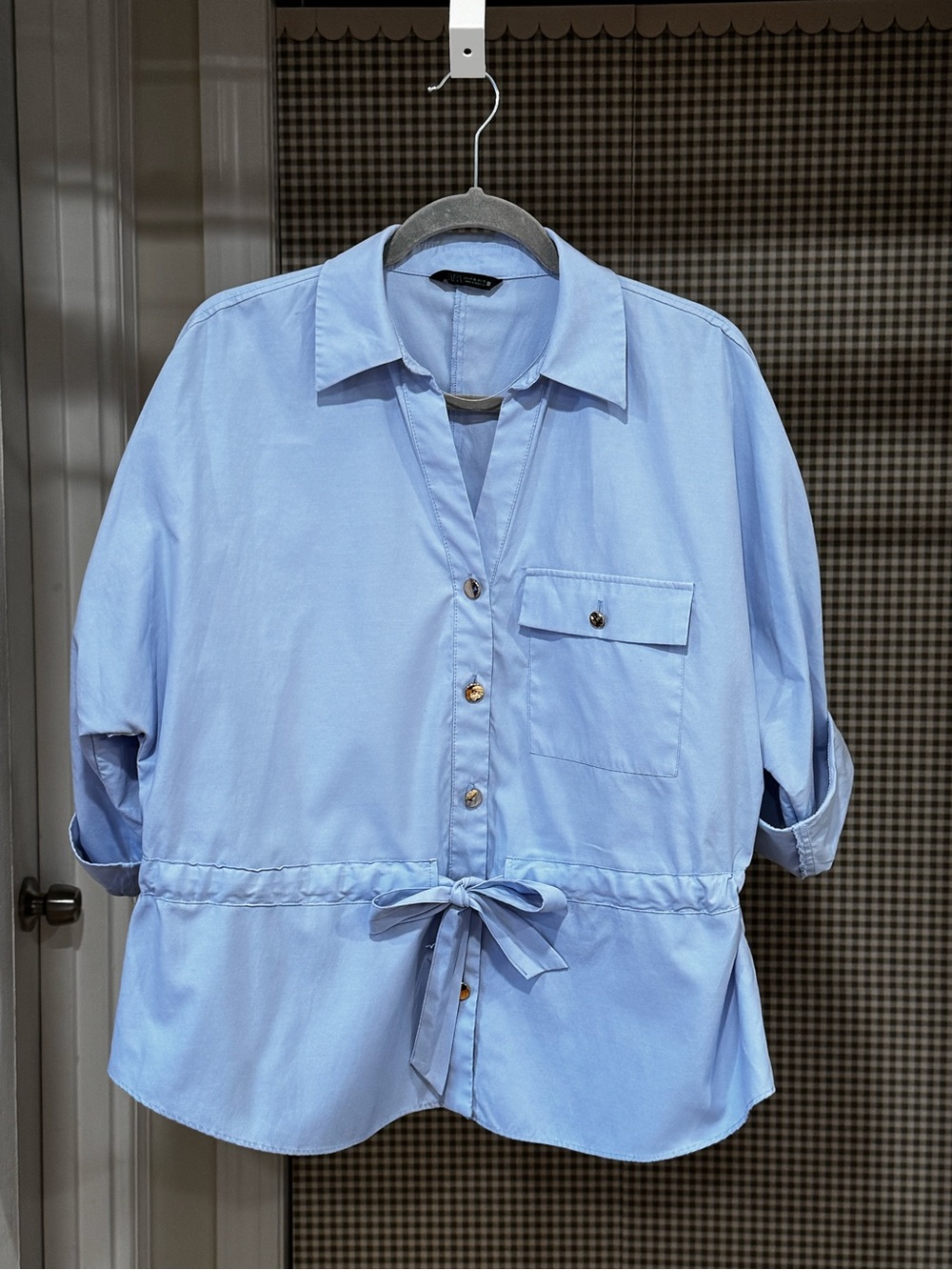 Zara Light Blue Button-Down Shirt with Drawstring Waist